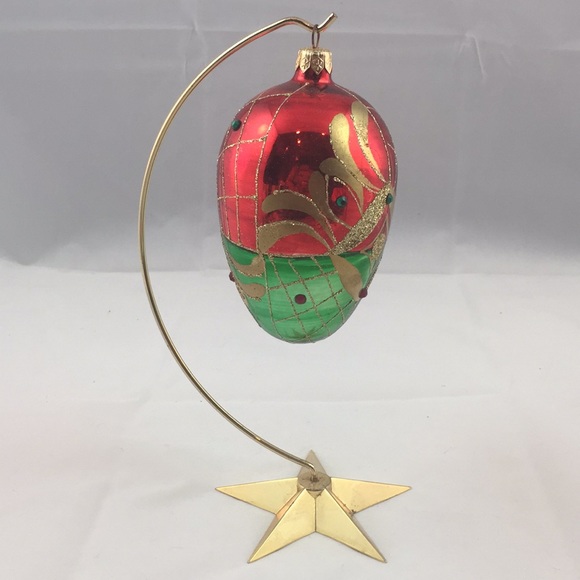 VINTAGE ARTISAN HANDCRAFTED RED EGG SHAPED CHRISTMAS ORNAMENT UPCYCLED - Picture 2 of 8